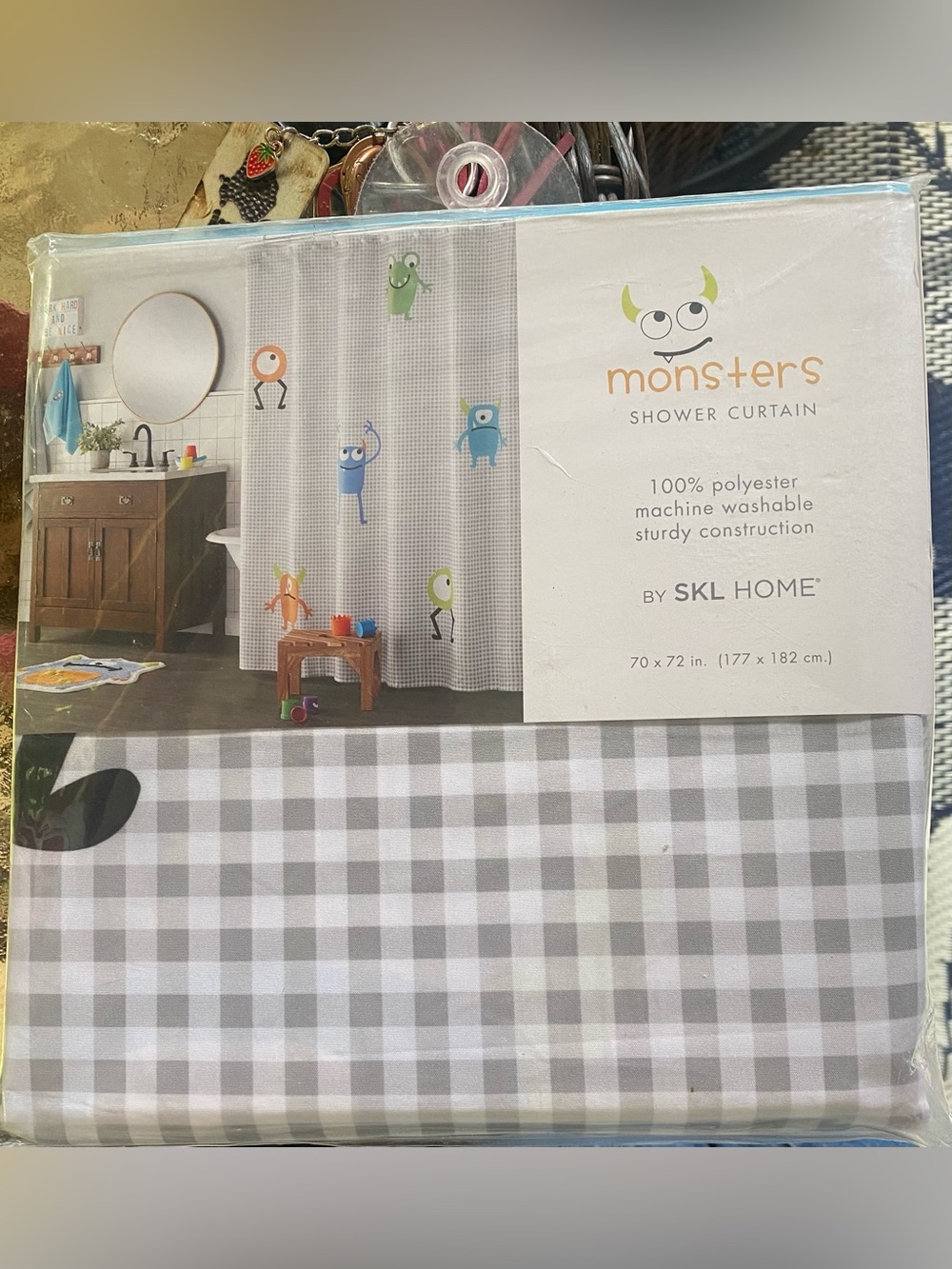 Monsters Shower Curtain - Gray Check with Colorful Monster Accents